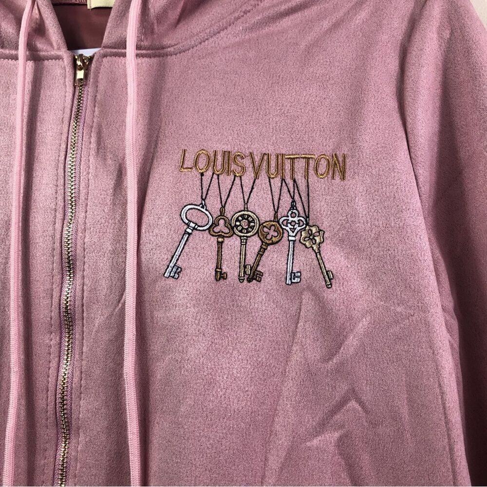 Designer Pink Embroidered Suede Hooded Jacket - Picture 4 of 11